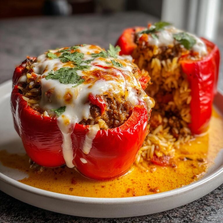 Zwei leuchtend rote Gefüllte Paprika mit Hack & Reis, bedeckt mit geschmolzenem Käse und Petersilie auf einem Teller.