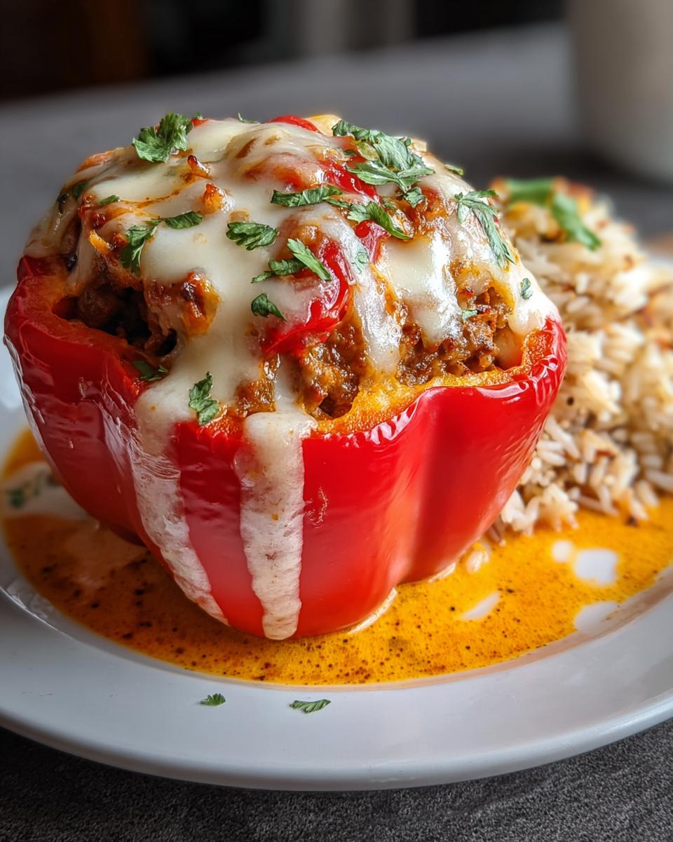 Nahaufnahme einer roten Gefüllte Paprika mit Hack & Reis, bedeckt mit geschmolzenem Käse und Petersilie.