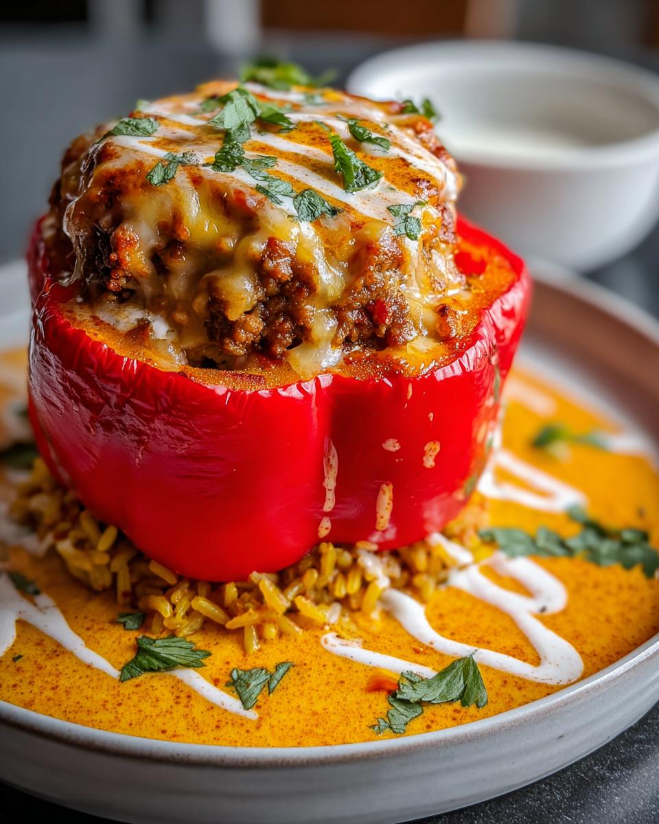 Nahaufnahme einer leuchtend roten Gefüllte Paprika mit Hack & Reis, bedeckt mit geschmolzenem Käse und Kräutern.