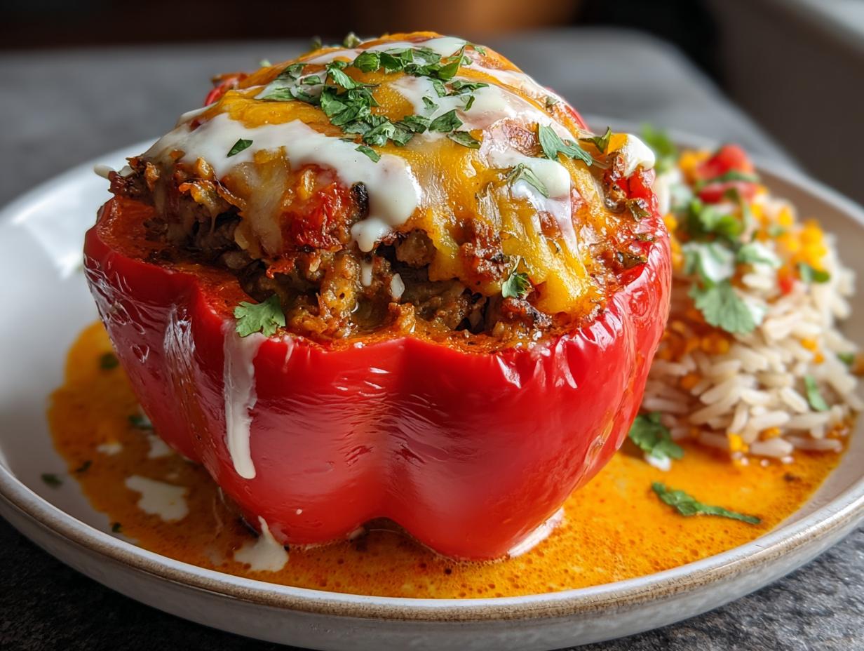 Eine einzelne rote Gefüllte Paprika mit Hack & Reis, bedeckt mit geschmolzenem Käse und Petersilie, serviert in einer cremigen Sauce.