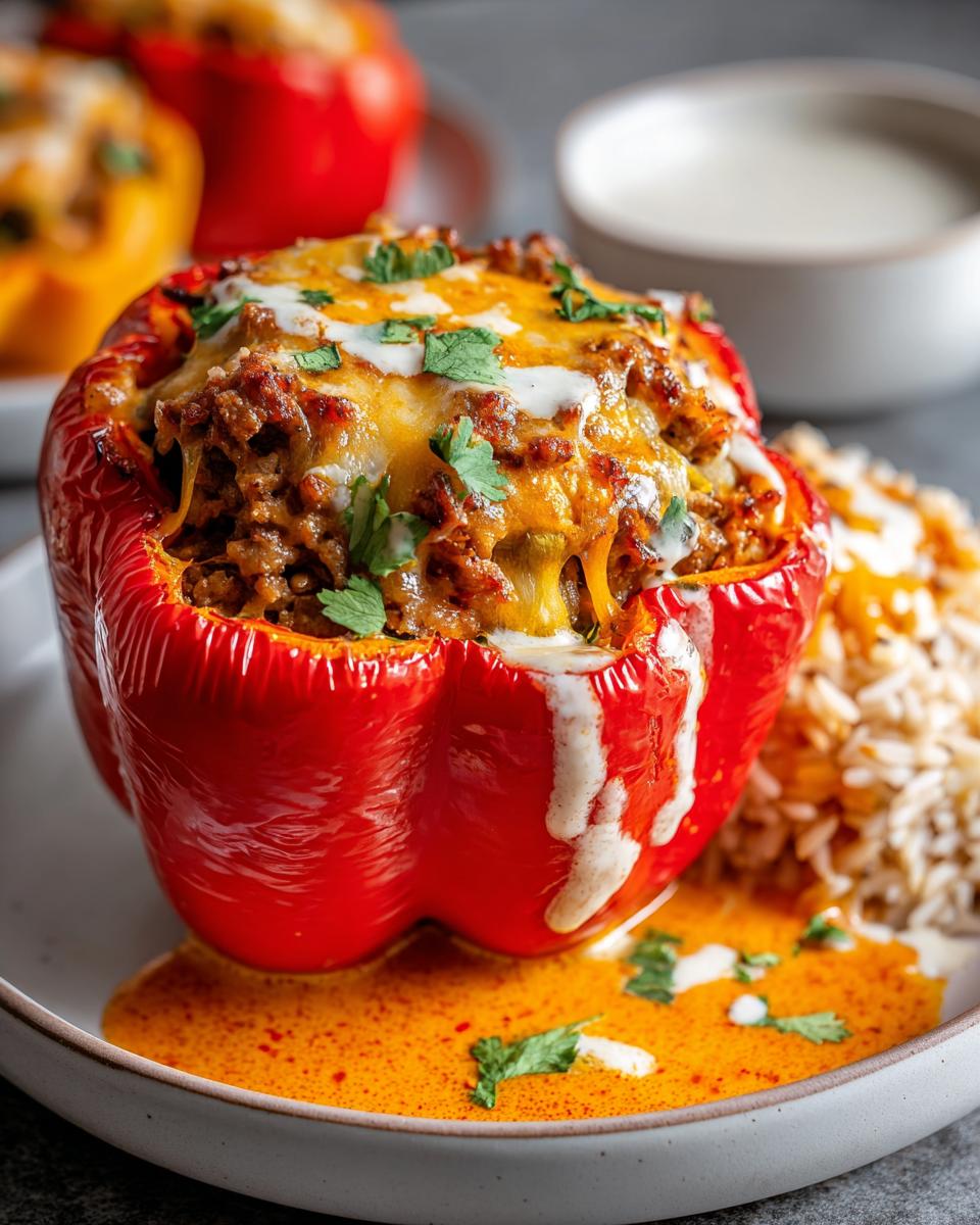 Nahaufnahme einer leuchtend roten, gefüllten Paprika mit Hackfleisch und Reis, bedeckt mit geschmolzenem Käse und einem Klecks weißer Soße.