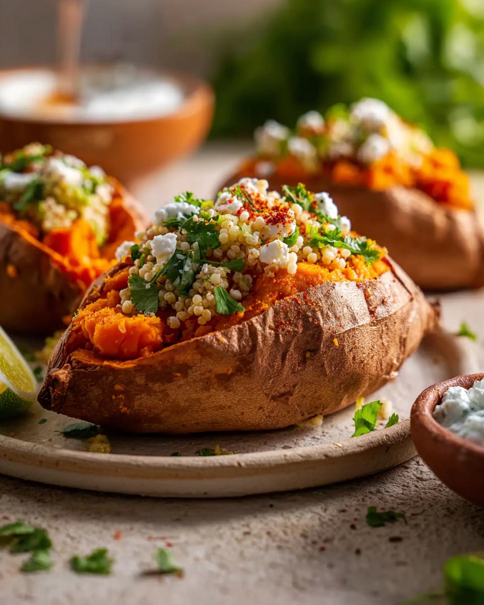 Nahaufnahme von gefüllten Süßkartoffeln aus dem Ofen mit Couscous, Feta und Kräutern, ideal für das Rezept Süßkartoffeln aus dem Ofen mit Dip.
