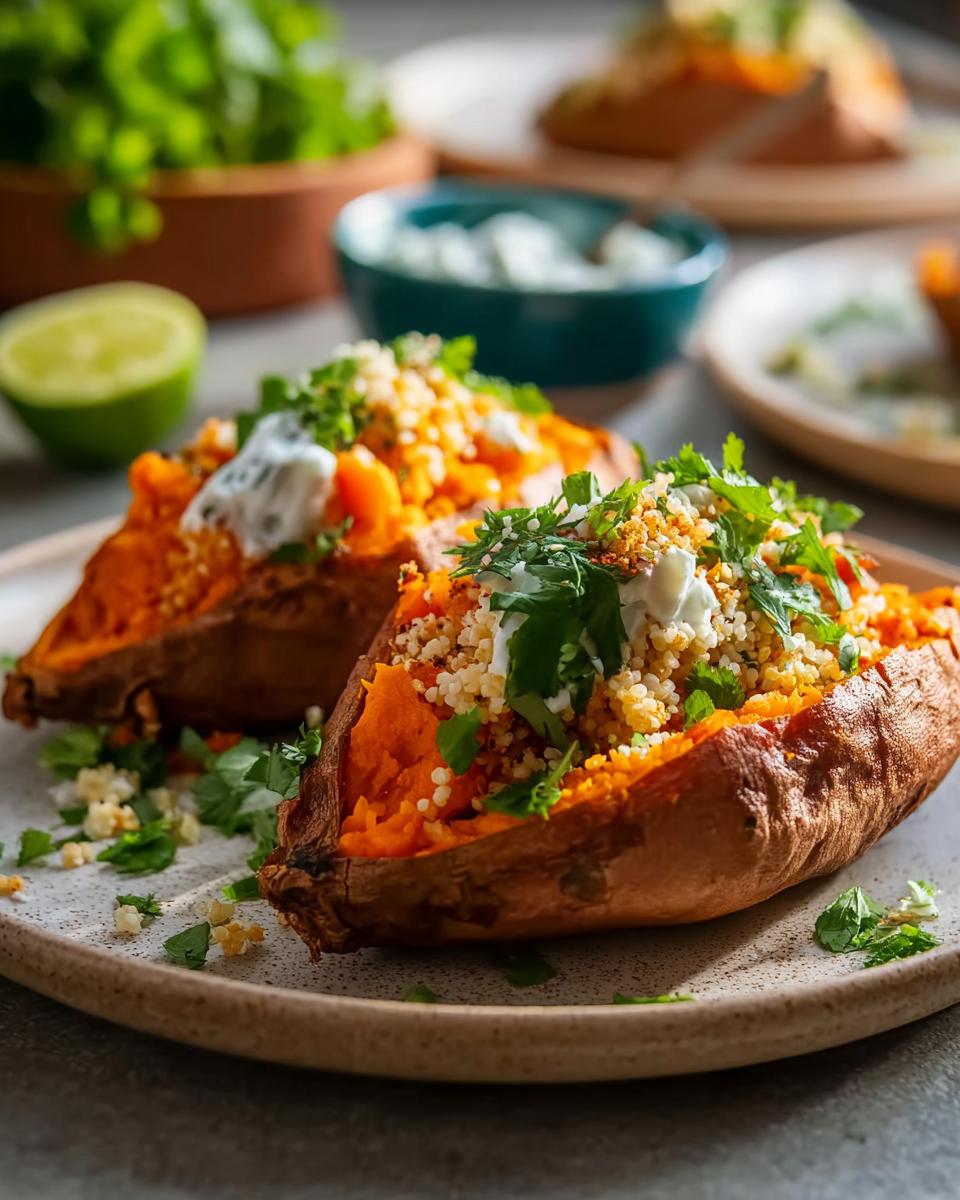 Zwei gebackene Süßkartoffeln aus dem Ofen, gefüllt mit Couscous und Kräutern, serviert mit einem Klecks Dip.