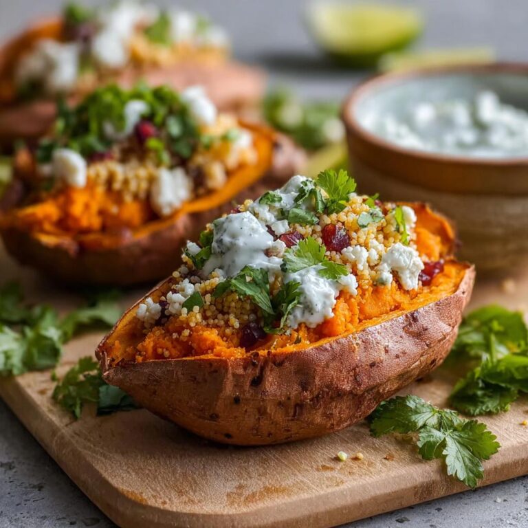 Nahaufnahme einer gefüllten Süßkartoffel aus dem Ofen mit Couscous, Feta und Kräuterdip.