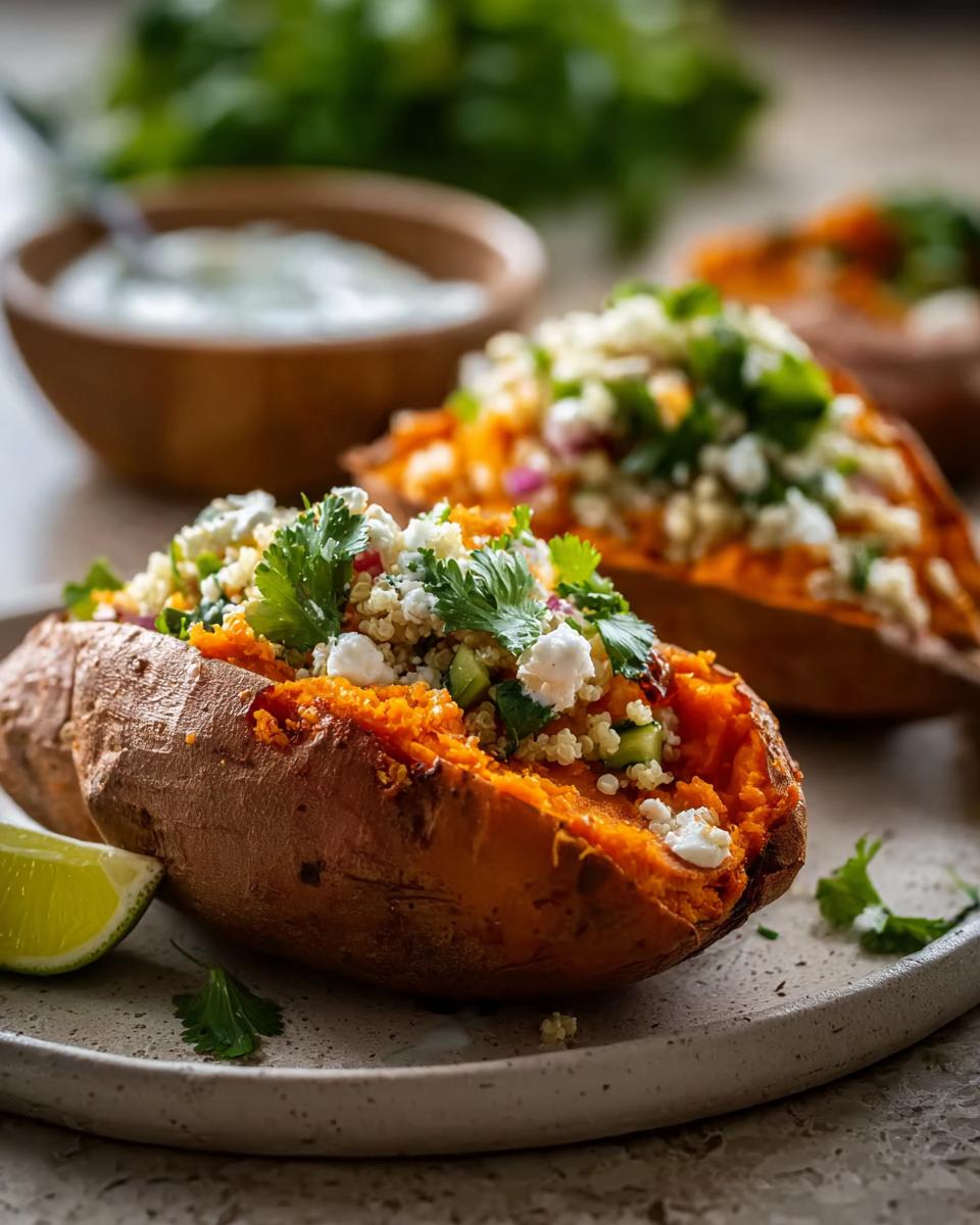 Nahaufnahme von gebackenen Süßkartoffeln aus dem Ofen, gefüllt mit Quinoa, Feta und Kräutern, serviert mit einer Limettenspalte.