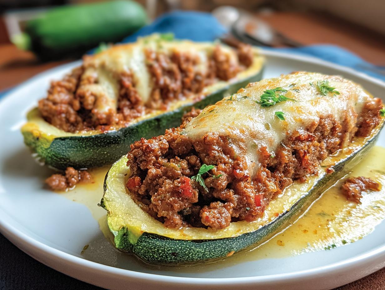 Zwei Hälften Gefüllte Zucchini mit Hack & Käse, überbacken mit geschmolzenem Käse, auf einem weißen Teller.
