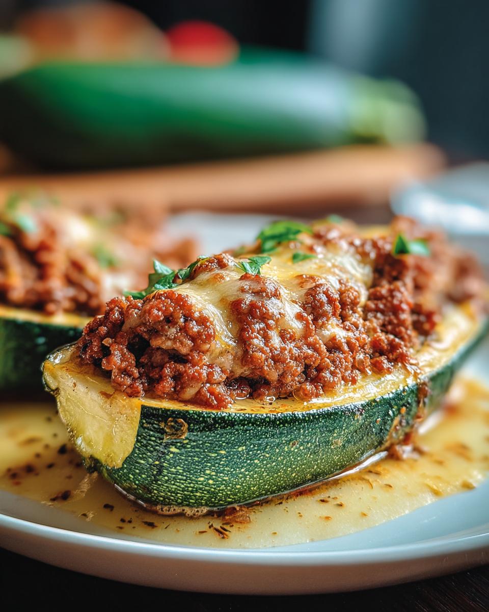Nahaufnahme von einer halbierten, gebackenen Gefüllte Zucchini mit Hack & Käse, bedeckt mit geschmolzenem Käse.
