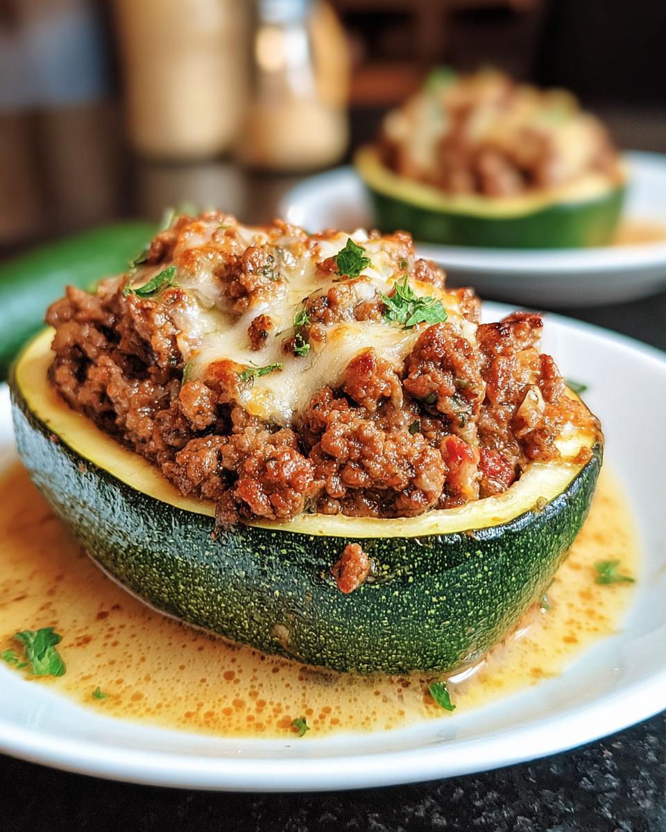 Nahaufnahme einer einzelnen Gefüllte Zucchini mit Hack & Käse, gefüllt mit Hackfleisch und geschmolzenem Käse.