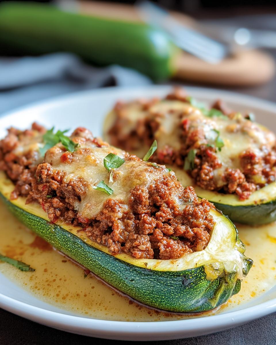 Nahaufnahme von zwei Gefüllte Zucchini mit Hack & Käse, gefüllt mit Hackfleisch und überbacken mit Käse.
