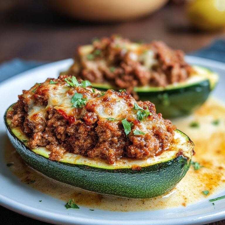 Nahaufnahme von zwei Gefüllte Zucchini mit Hack & Käse, gefüllt mit Hackfleisch und überbackenem Käse.
