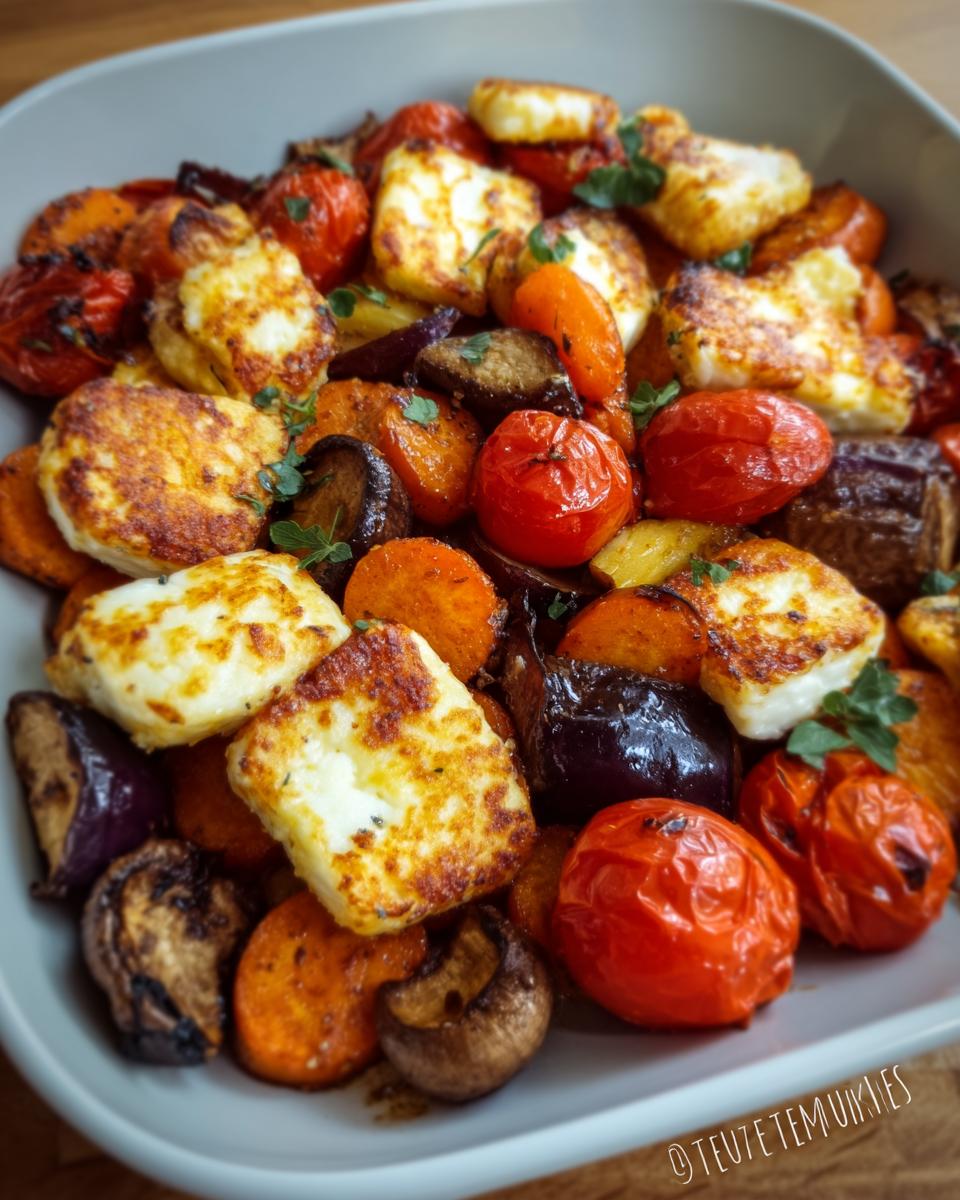 Nahaufnahme von gebratenem Gemüse und goldbraunem Halloumi, ideal für Gemüse-Döner mit Halloumi.