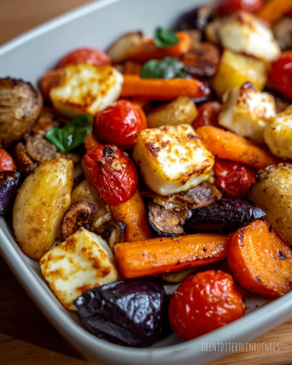 Nahaufnahme von geröstetem Gemüse und gebratenem Halloumi, Zutaten für Gemüse-Döner mit Halloumi.