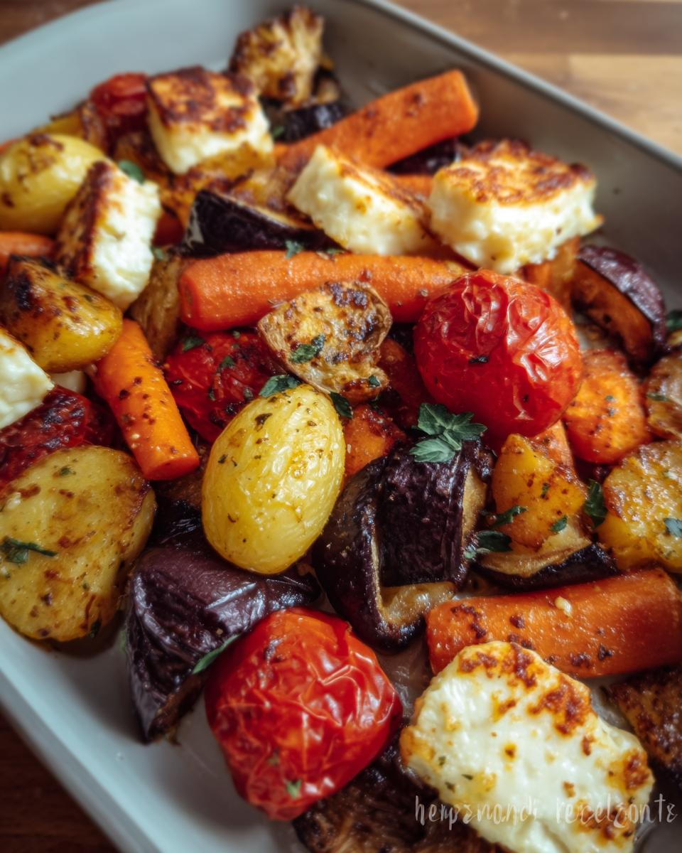 Nahaufnahme von geröstetem Gemüse (Kartoffeln, Karotten, Tomaten, Aubergine) und gebratenem Halloumi, ideal für Gemüse-Döner mit Halloumi.