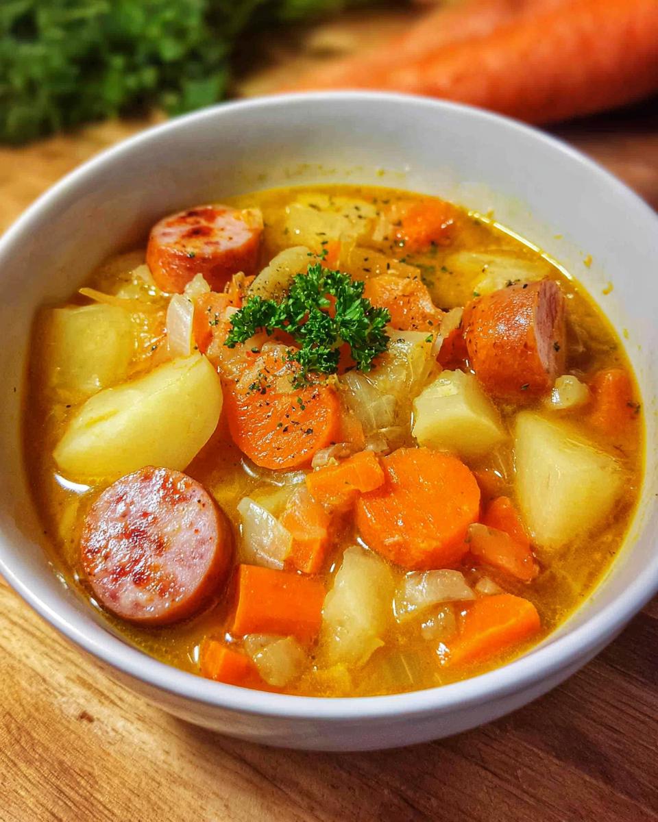 Nahaufnahme einer Schüssel mit herzhaftem Gemüse-Eintopf nach Omas Art, gefüllt mit Kartoffeln, Karotten, Zwiebeln und Wurstscheiben.
