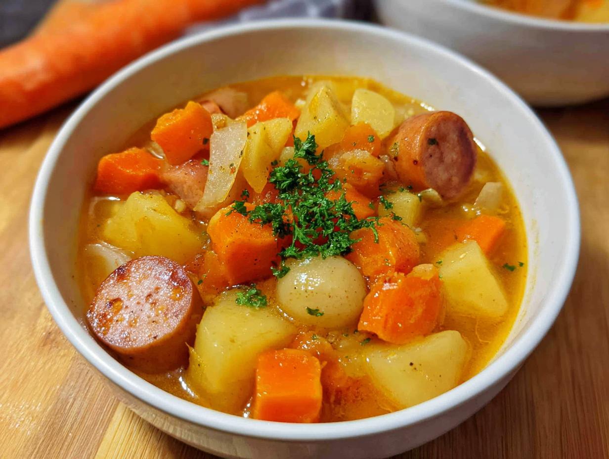 Nahaufnahme von Gemüse-Eintopf nach Omas Art mit Kartoffeln, Karotten, Wurstscheiben und Petersilie.