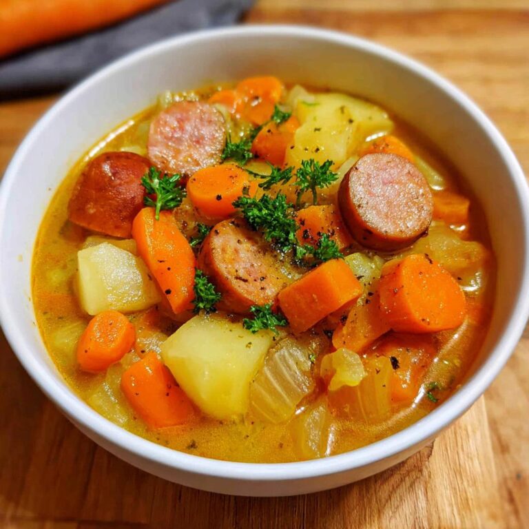 Nahaufnahme eines herzhaften Gemüse-Eintopf nach Omas Art mit Kartoffeln, Karottenstücken und Wurstscheiben in einer weißen Schüssel.