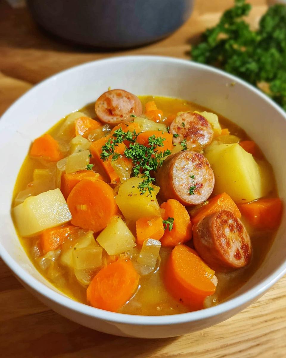 Eine weiße Schüssel gefüllt mit Gemüse-Eintopf nach Omas Art, bestehend aus Kartoffeln, Karotten und Wurstscheiben, garniert mit Petersilie.