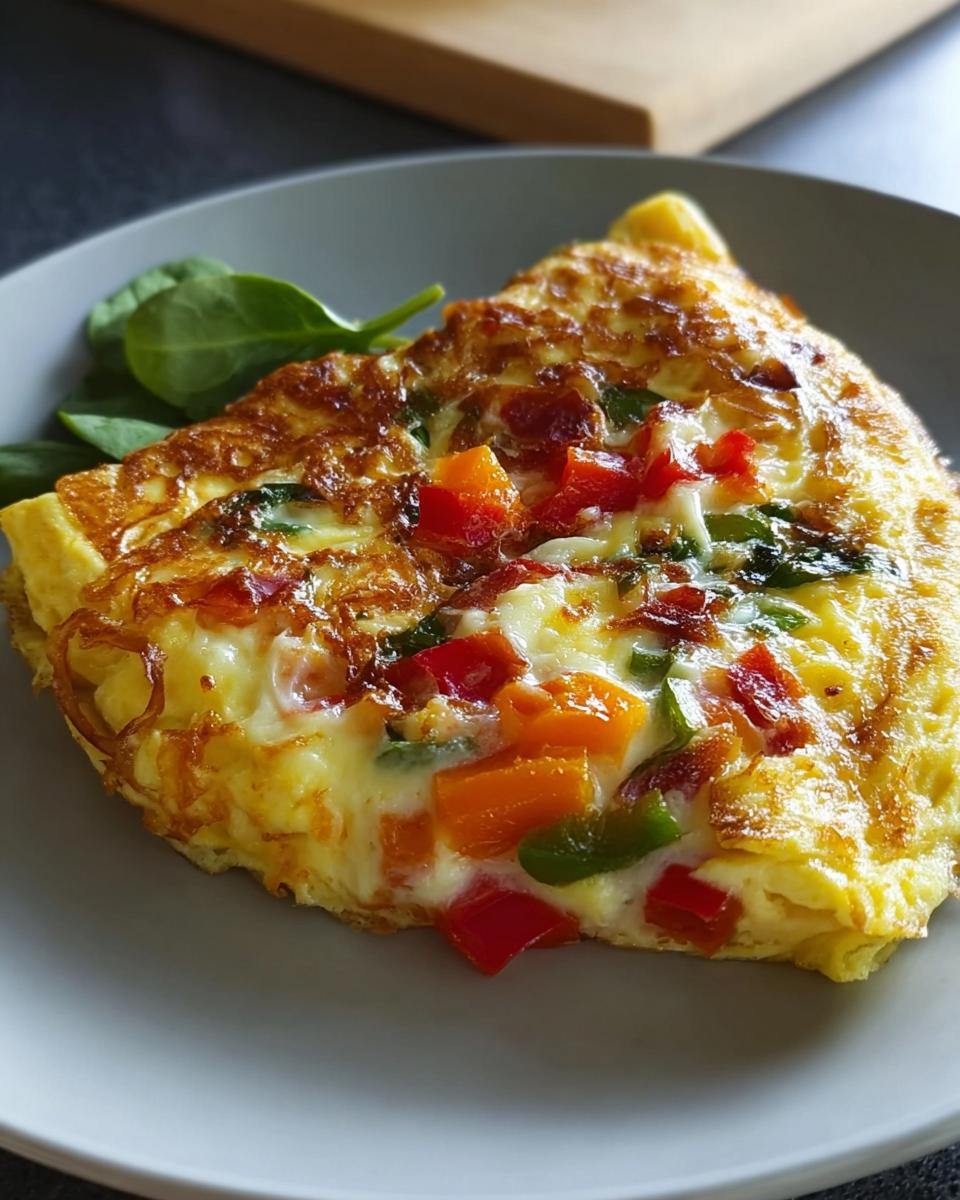 Nahaufnahme eines gefalteten Gemüseomelett mit Käse, gefüllt mit bunten Paprikastücken und Spinat, serviert auf einem Teller.