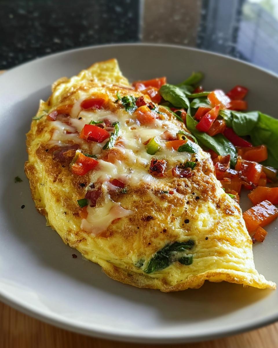 Ein goldbraunes Gemüseomelett mit Käse und Paprikastückchen, serviert mit frischem Spinat und gewürfelten Tomaten.