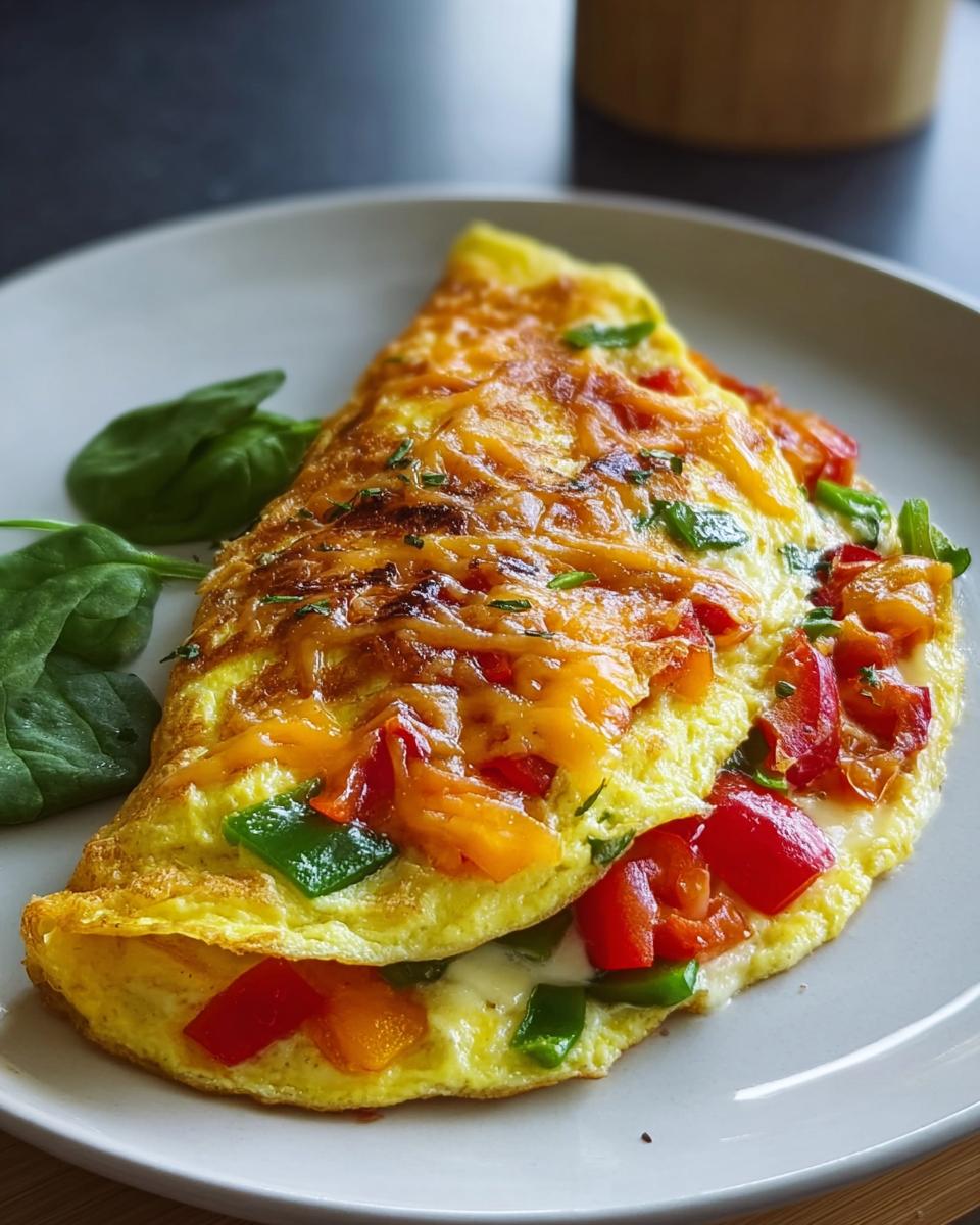 Ein gefaltetes Gemüseomelett mit Käse, gefüllt mit Paprikastücken und Spinatbeilage, ideal für ein Gemüseomelett mit Käse.