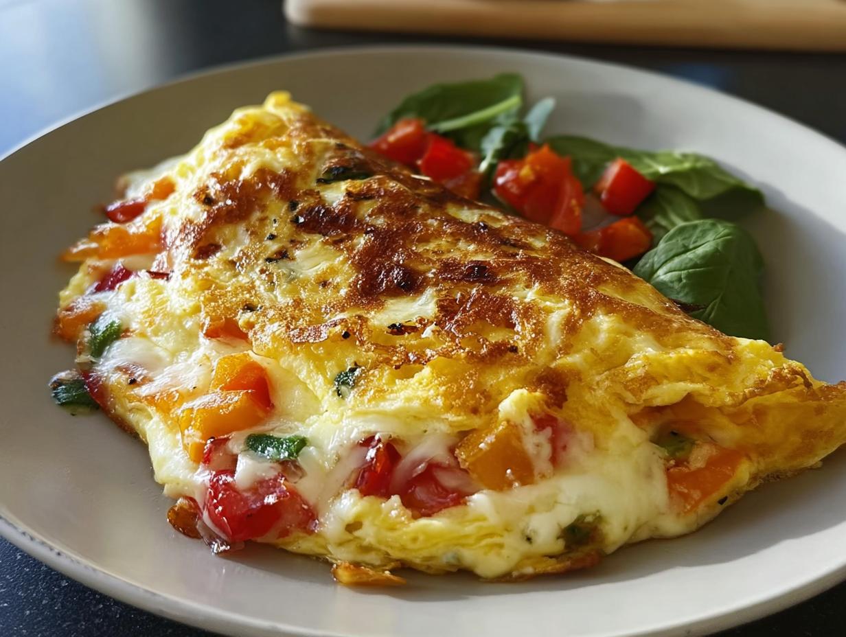 Ein perfekt gefaltetes Gemüseomelett mit Käse, gefüllt mit bunten Paprikastücken, serviert mit einem kleinen Salat.