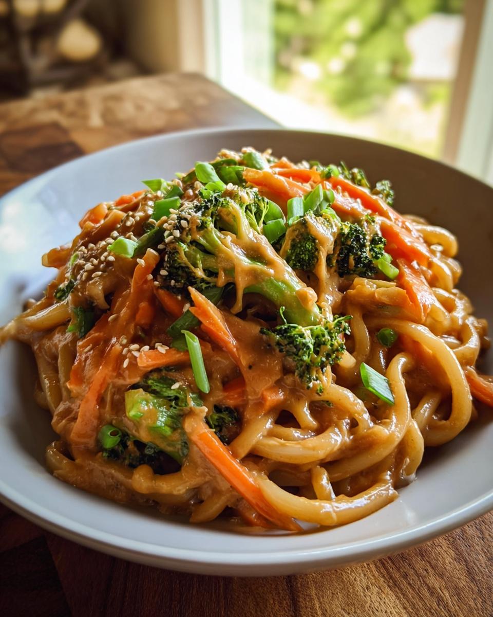 Eine Schüssel voll Gemüsepfanne mit Erdnusssauce & Nudeln, garniert mit Brokkoli, Karotten und Frühlingszwiebeln.