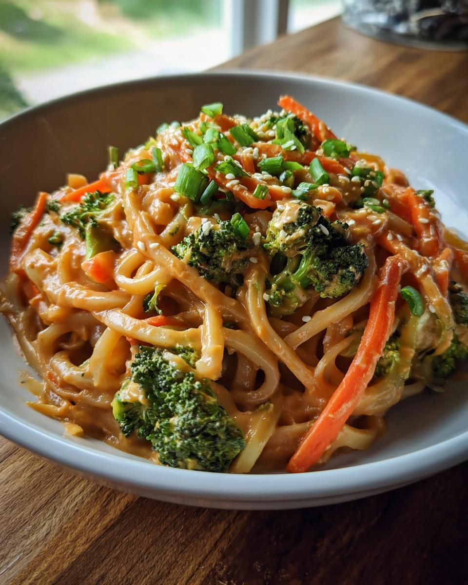 Nahaufnahme einer Schüssel mit Gemüsepfanne mit Erdnusssauce & Nudeln, garniert mit Frühlingszwiebeln und Sesam.