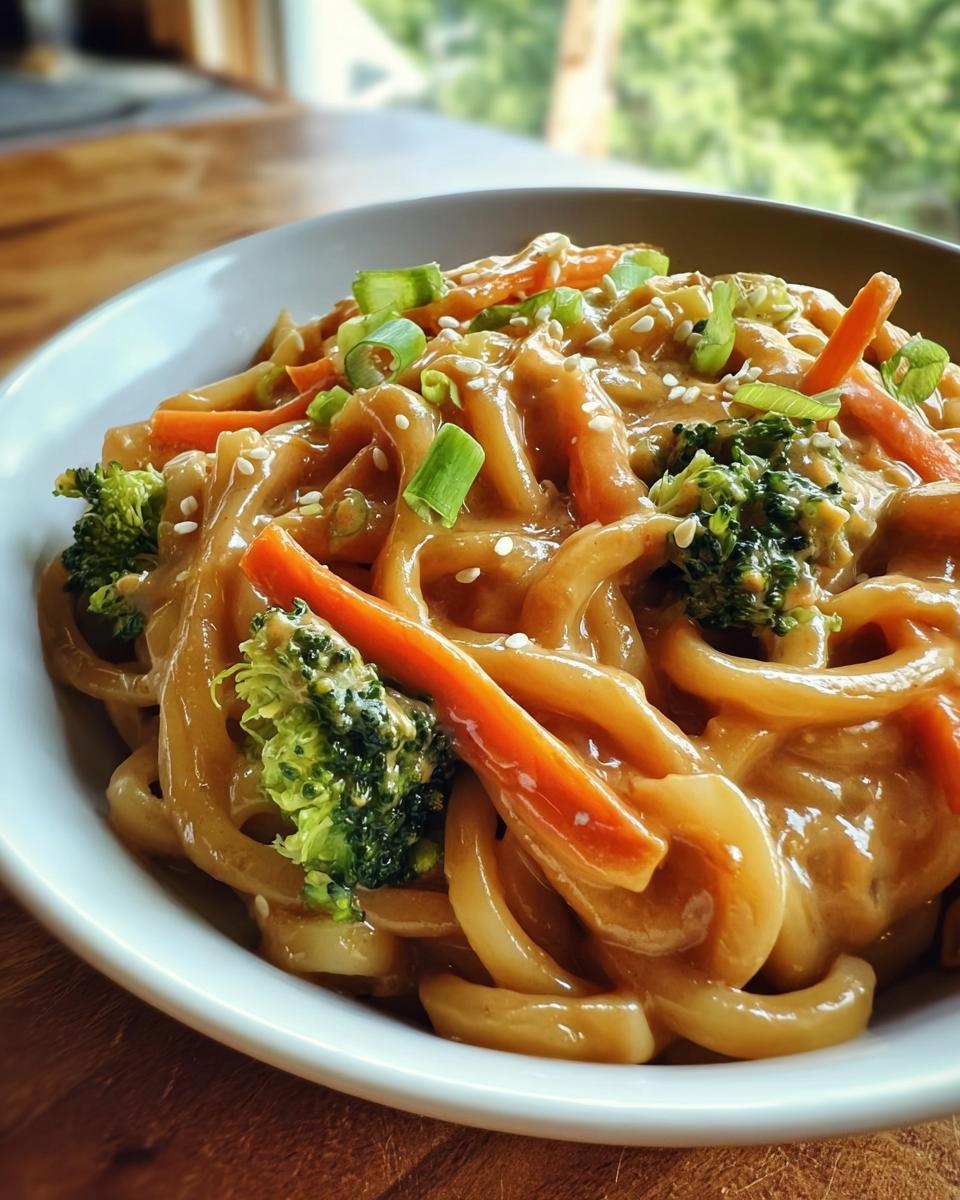 Nahaufnahme einer Schüssel mit Gemüsepfanne mit Erdnusssauce & Nudeln, garniert mit Frühlingszwiebeln.