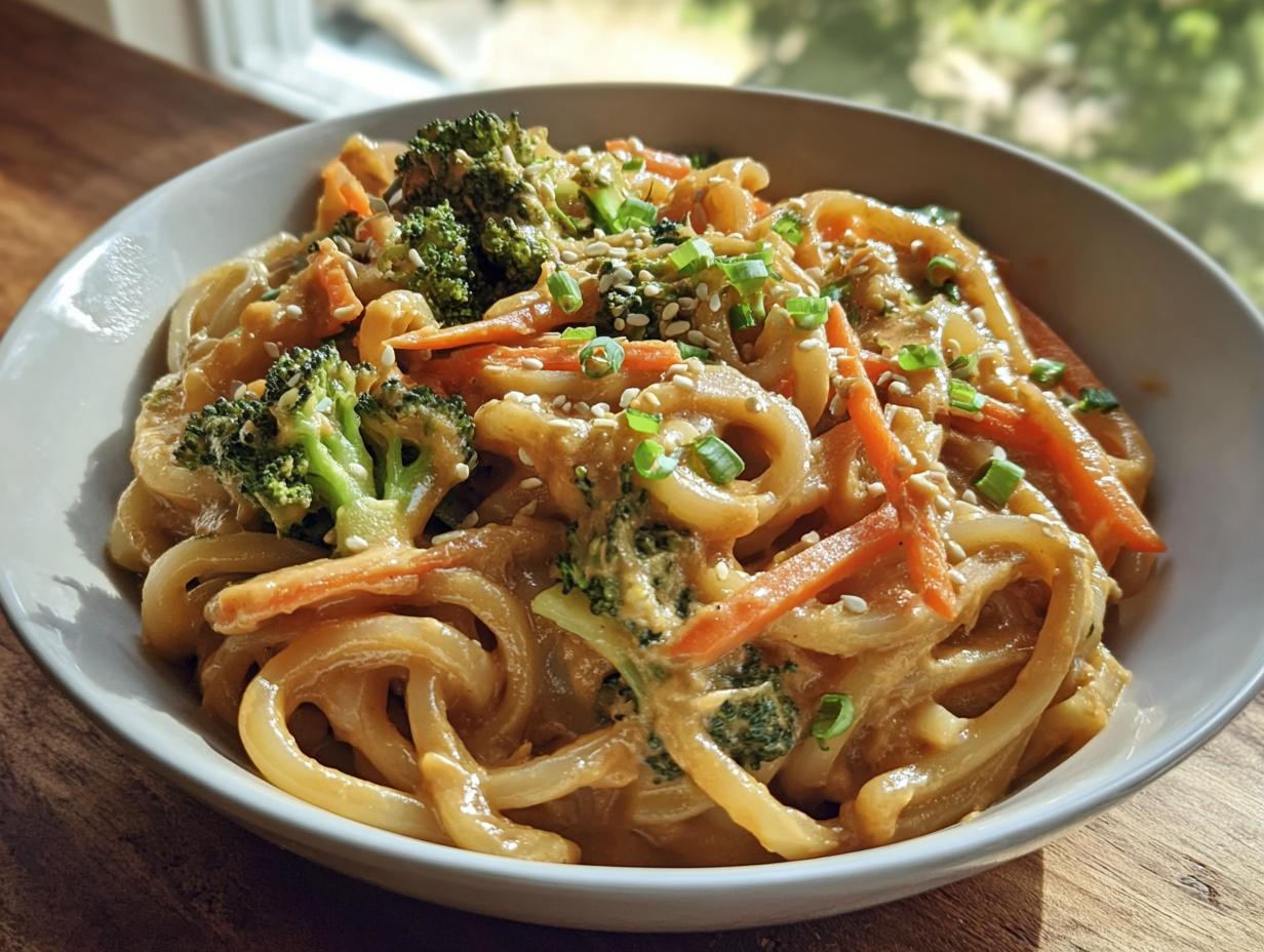 Nahaufnahme einer Schüssel mit Gemüsepfanne mit Erdnusssauce & Nudeln, garniert mit Brokkoli und Karotten.