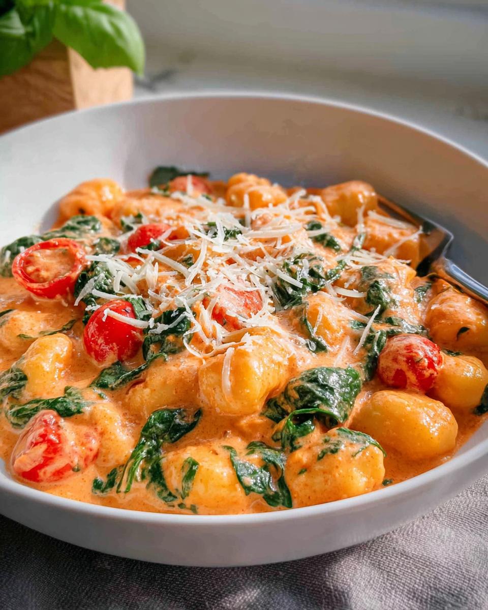 Nahaufnahme von Gnocchi in Tomaten-Sahne-Sauce mit Spinat, Kirschtomaten und geriebenem Parmesan.