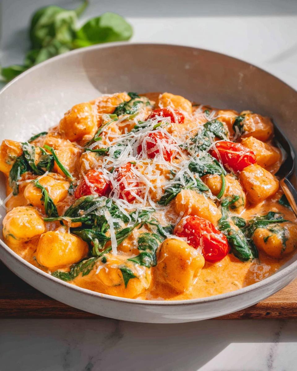 Eine Schüssel Gnocchi in Tomaten-Sahne-Sauce, garniert mit frischem Spinat, Kirschtomaten und geriebenem Parmesan.