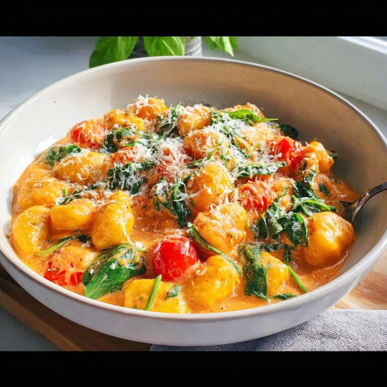 Nahaufnahme von Gnocchi in Tomaten-Sahne-Sauce, garniert mit frischem Spinat und geriebenem Parmesan.