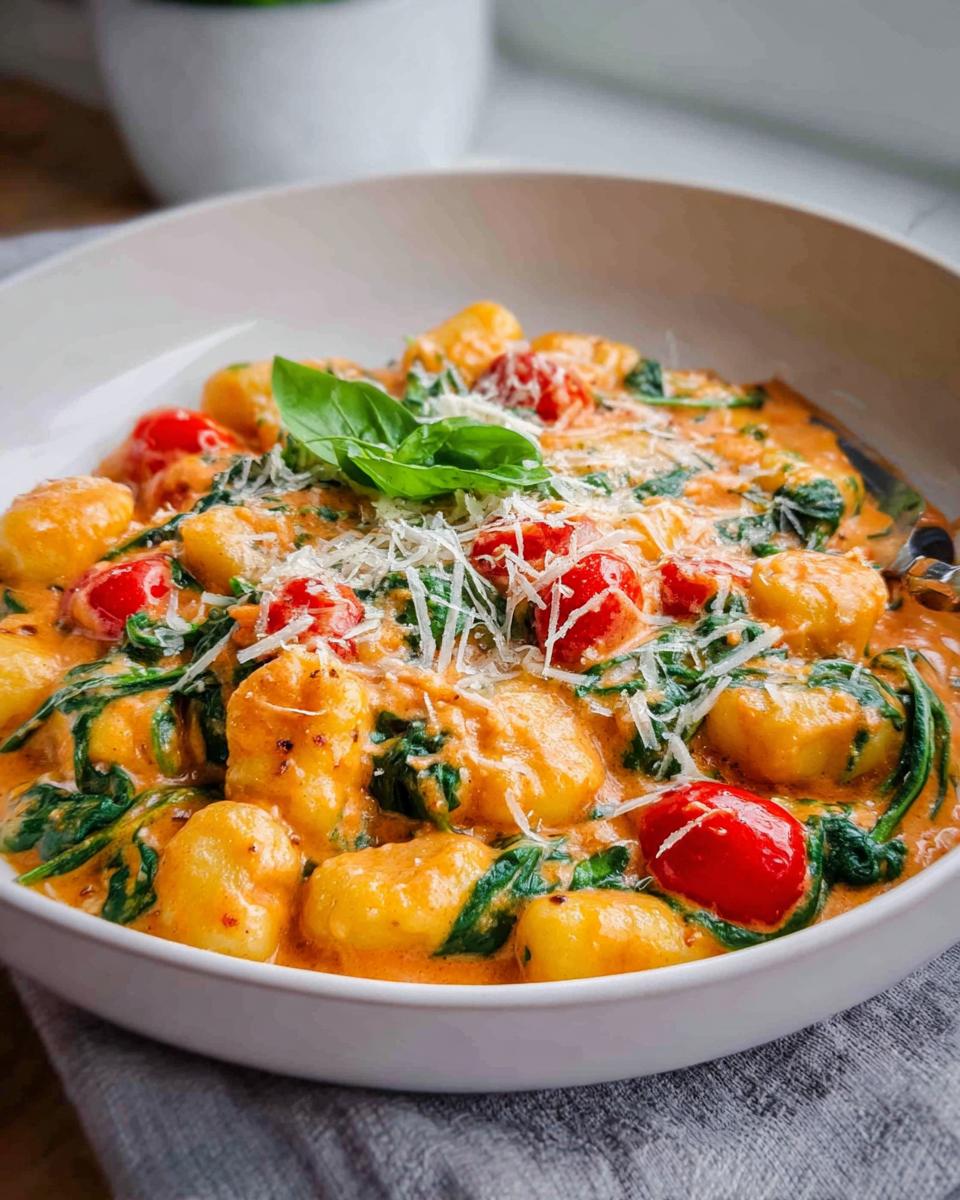 Nahaufnahme von Gnocchi in Tomaten-Sahne-Sauce mit Spinat, Kirschtomaten und geriebenem Parmesan.