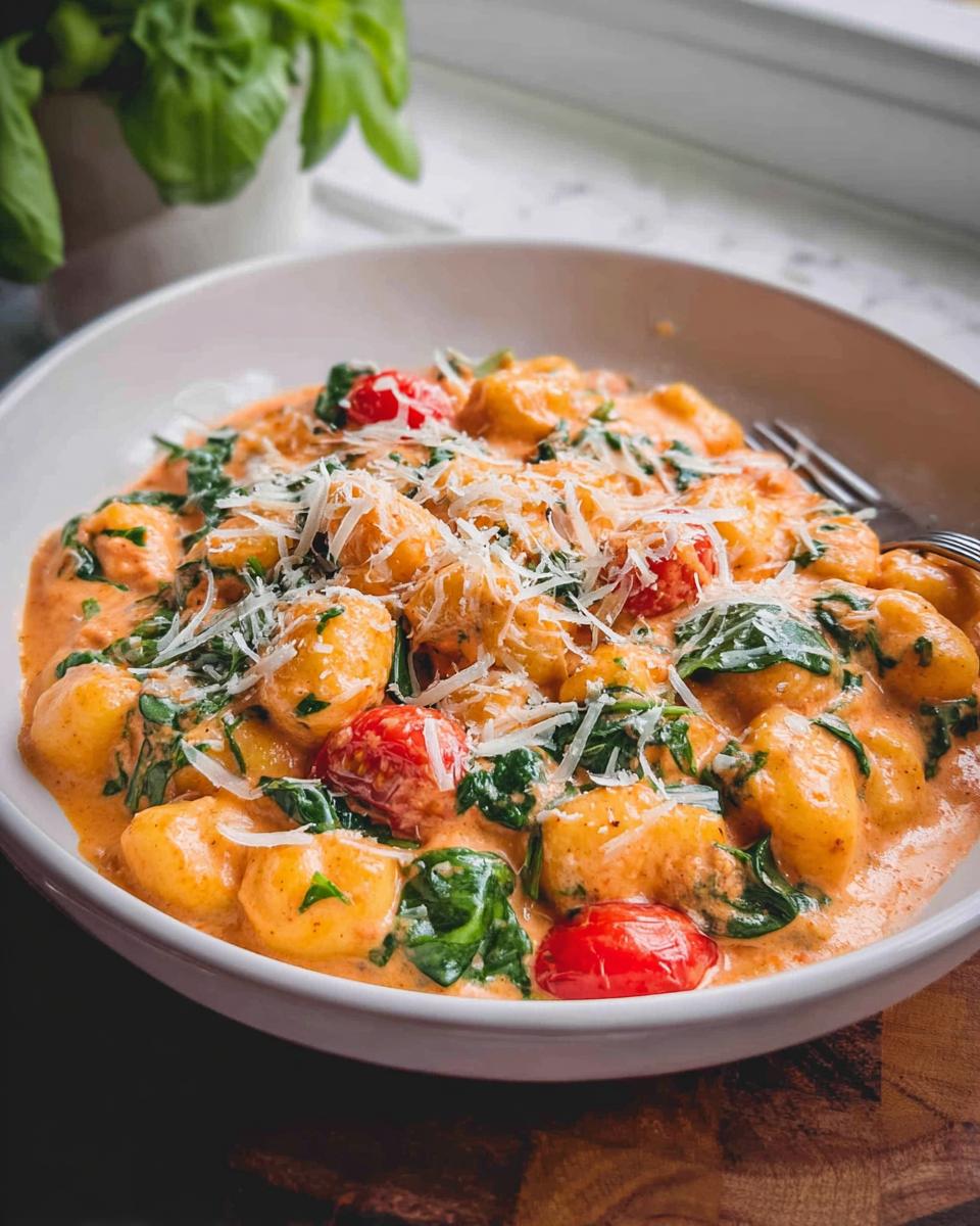 Nahaufnahme von Gnocchi in Tomaten-Sahne-Sauce mit frischem Spinat und geriebenem Parmesan.