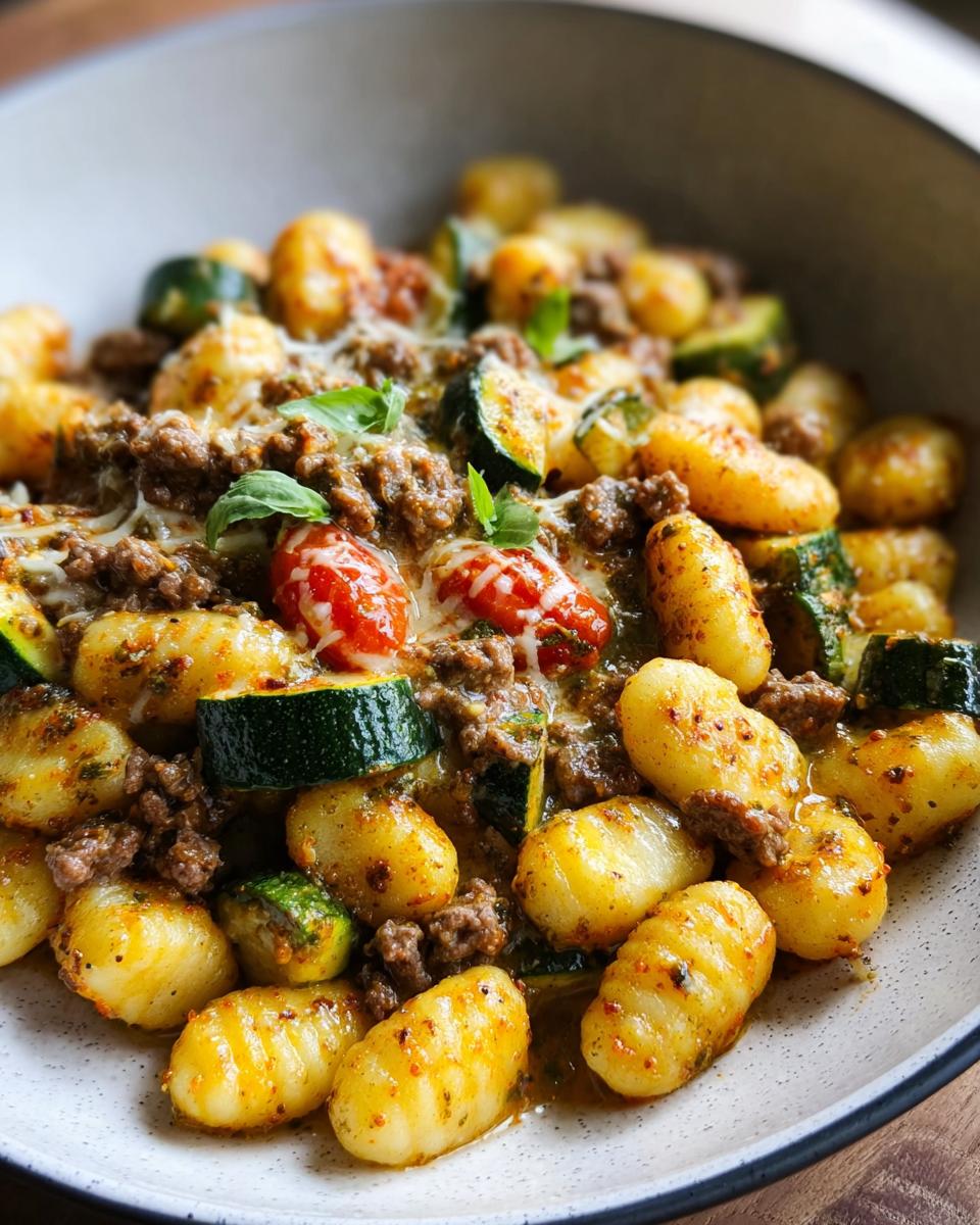Nahaufnahme einer köstlichen Gnocchi-Pfanne mit Pesto, Tomaten und Zucchini, garniert mit geschmolzenem Käse.