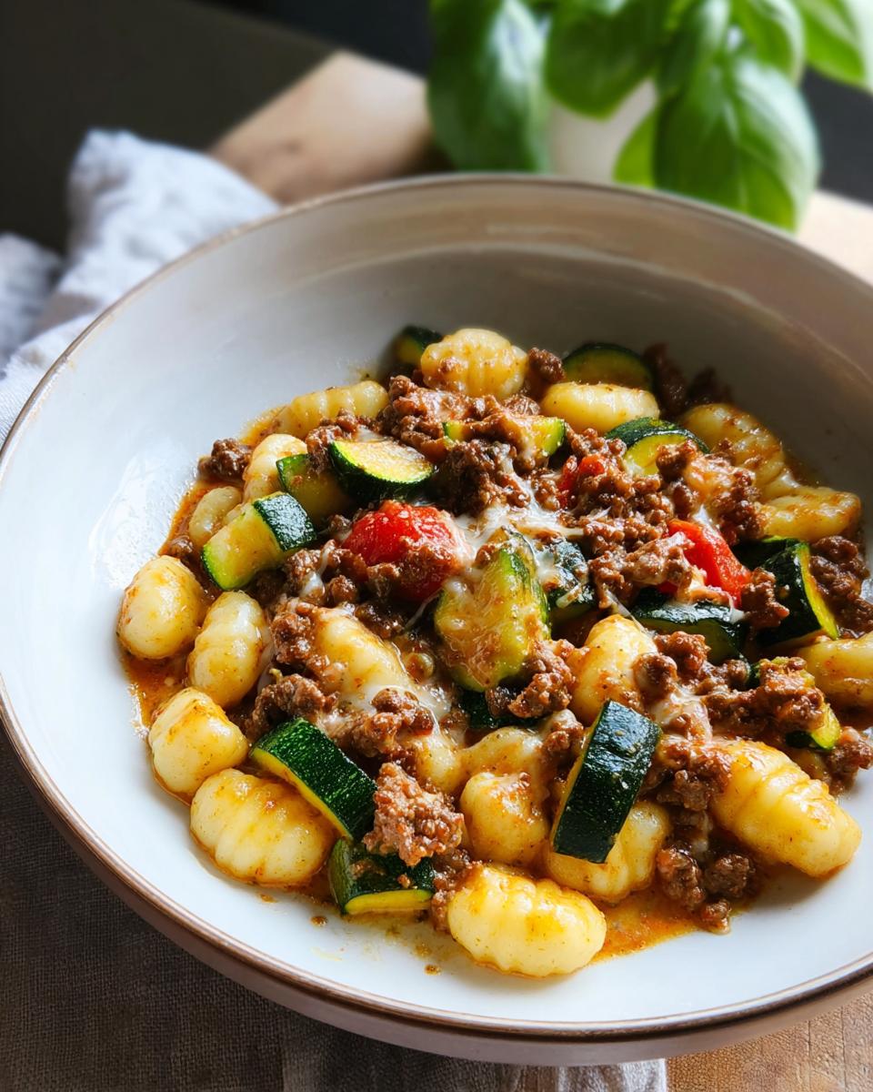 Nahaufnahme einer Gnocchi-Pfanne mit Pesto, Tomaten & Zucchini, Hackfleisch und geschmolzenem Käse in einer Schale.