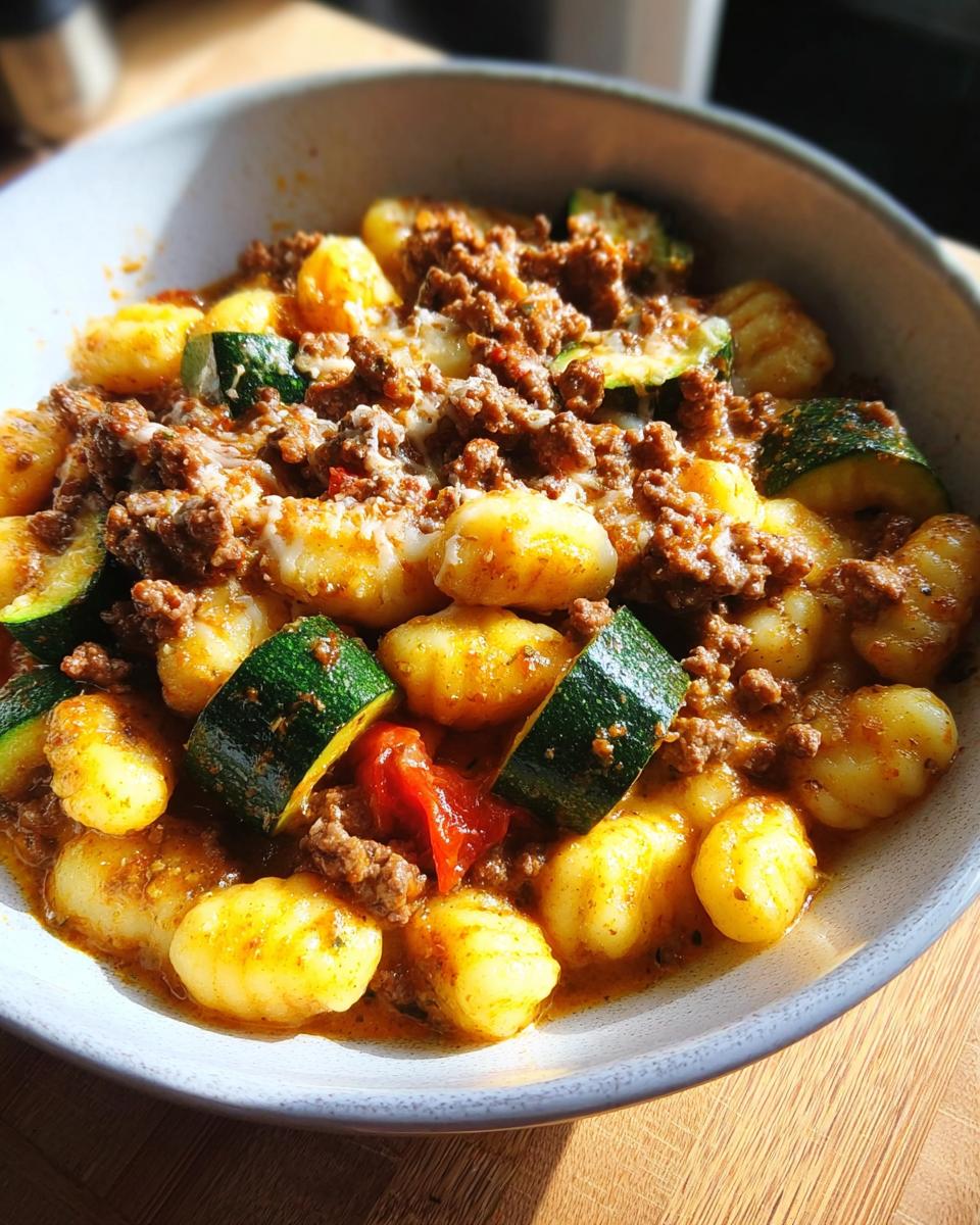 Nahaufnahme einer Schüssel mit Gnocchi-Pfanne mit Pesto, Tomaten & Zucchini, bedeckt mit Hackfleisch und geschmolzenem Käse.