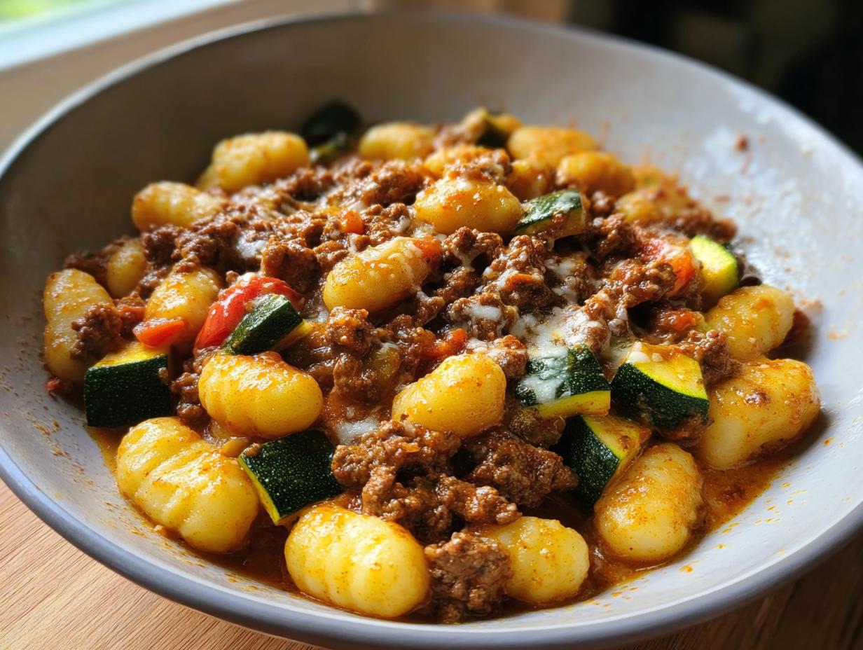 Nahaufnahme einer Gnocchi-Pfanne mit Pesto, Tomaten & Zucchini, serviert in einer grauen Schale.