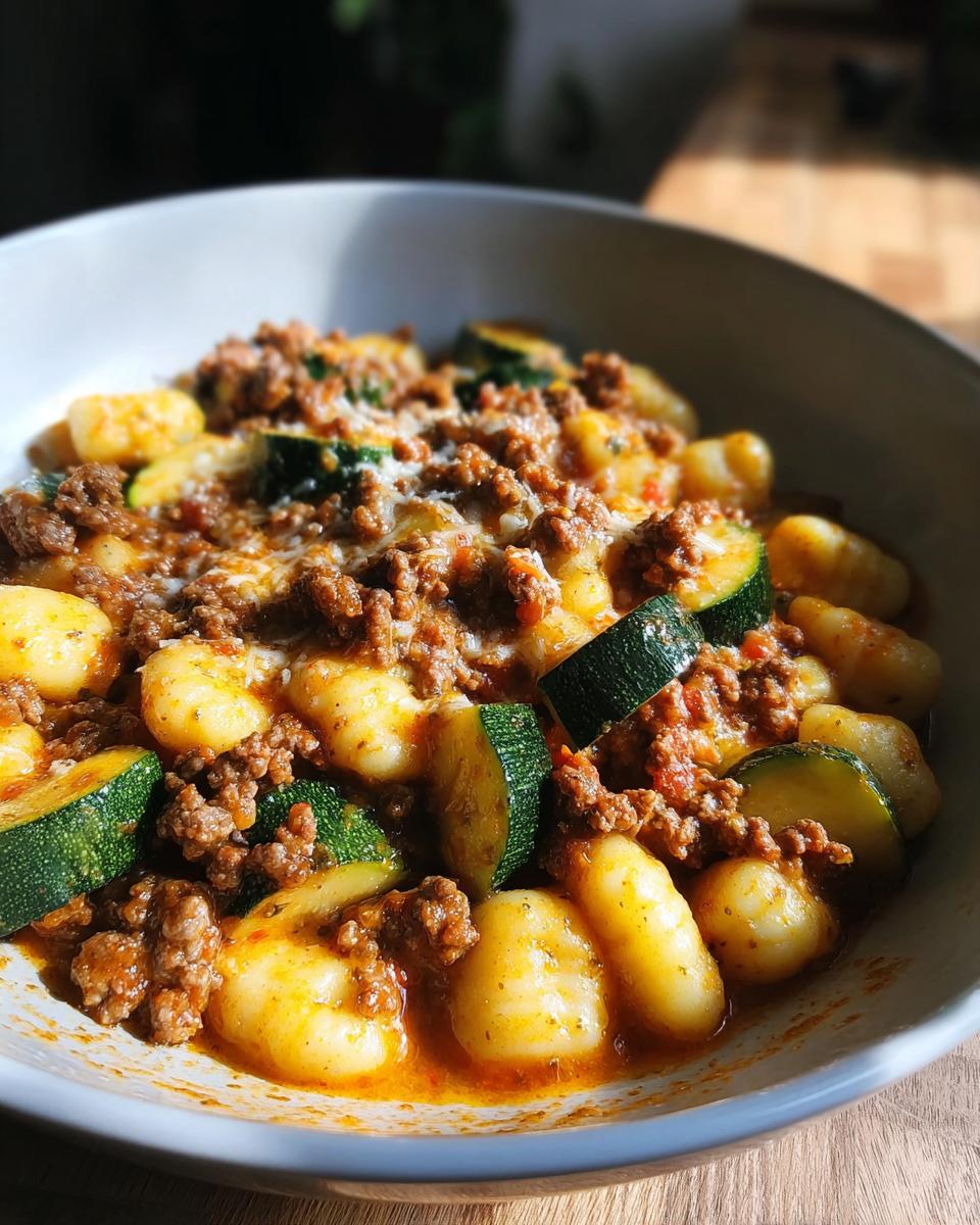 Nahaufnahme einer Gnocchi-Pfanne mit Pesto, Tomaten & Zucchini, garniert mit Hackfleisch und Käse.