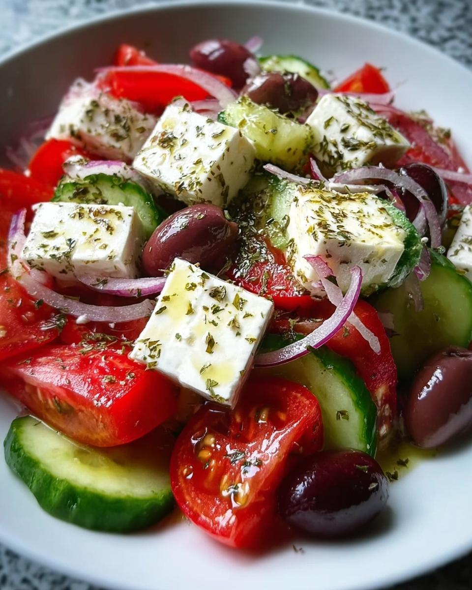 Nahaufnahme eines bunten Griechischer Bauernsalat mit großen Feta-Würfeln, Tomaten, Gurken und Kalamata-Oliven.