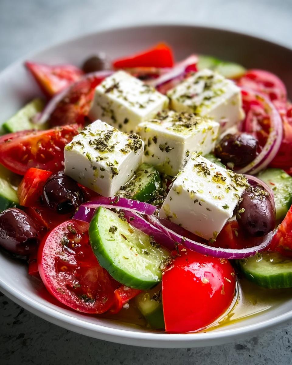 Nahaufnahme eines bunten Griechischer Bauernsalat mit großen Feta-Würfeln, Tomaten, Gurken und Oliven.