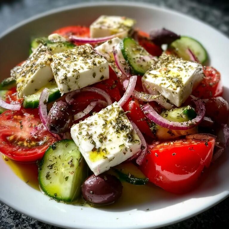 Nahaufnahme eines Griechischer Bauernsalat mit großen Feta-Würfeln, Tomaten, Gurken und roten Zwiebelringen.