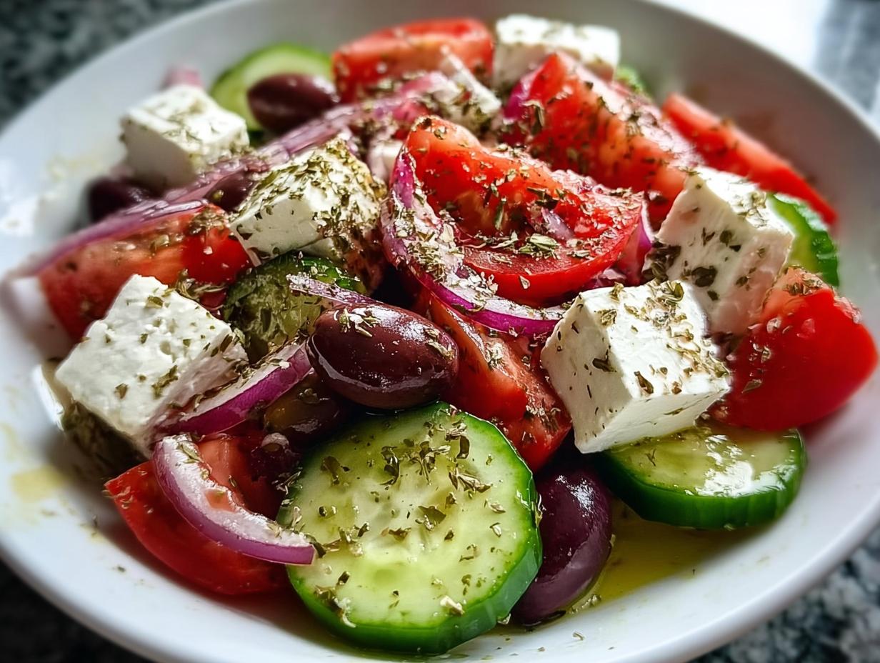 Nahaufnahme eines Griechischer Bauernsalat mit großen Stücken Feta, Tomaten, Gurken, roten Zwiebeln und Oliven, bestreut mit Oregano.