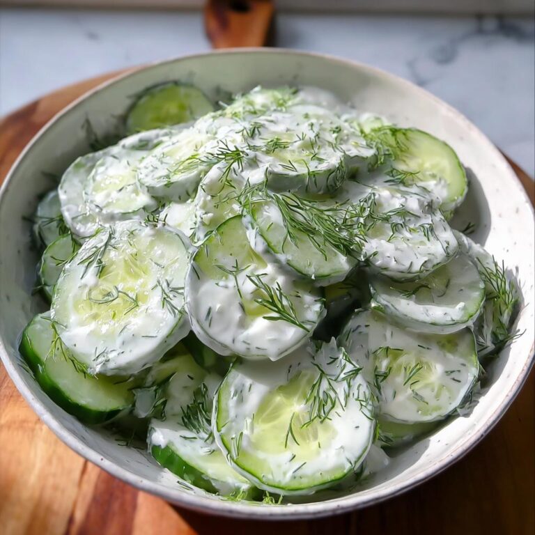 Nahaufnahme von Gurkensalat mit Dill & Sahne in einer weißen Schüssel, reichlich mit frischem Dill garniert.
