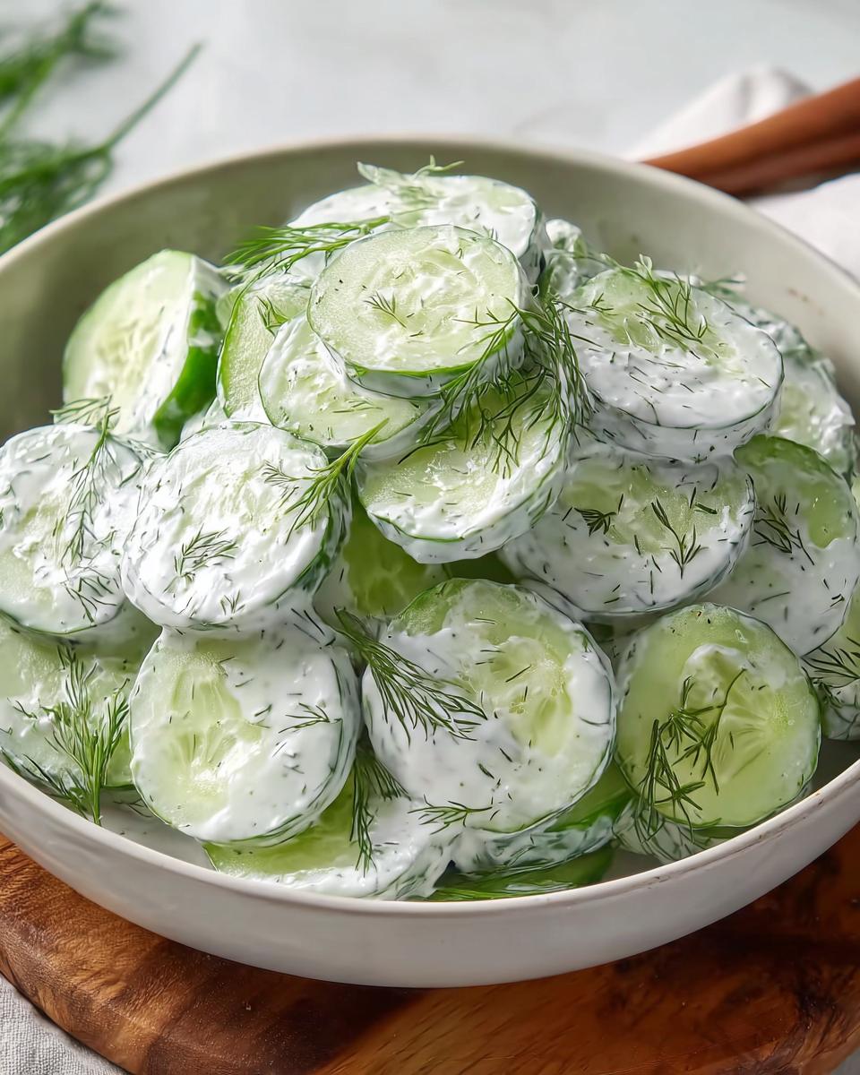Nahaufnahme von Gurkensalat mit Dill & Sahne, bestehend aus Gurkenscheiben in cremiger Soße und frischem Dill.