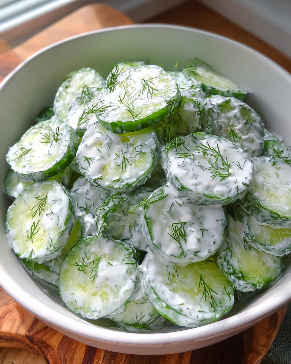 Nahaufnahme von Gurkensalat mit Dill & Sahne in einer weißen Schüssel, frisch und cremig.