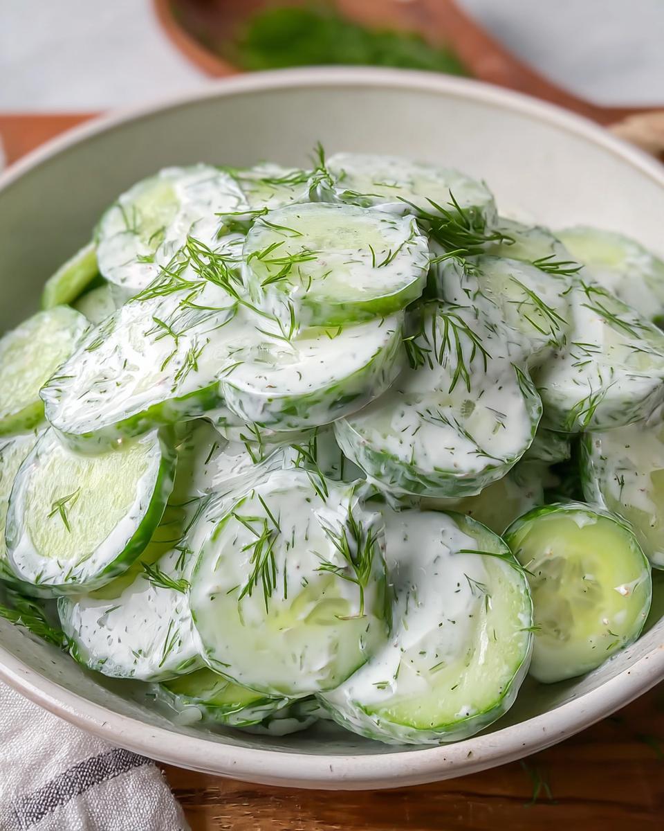 Nahaufnahme von Gurkensalat mit Dill & Sahne, bestehend aus dünnen Gurkenscheiben in einer cremigen, weißen Soße mit viel frischem Dill.