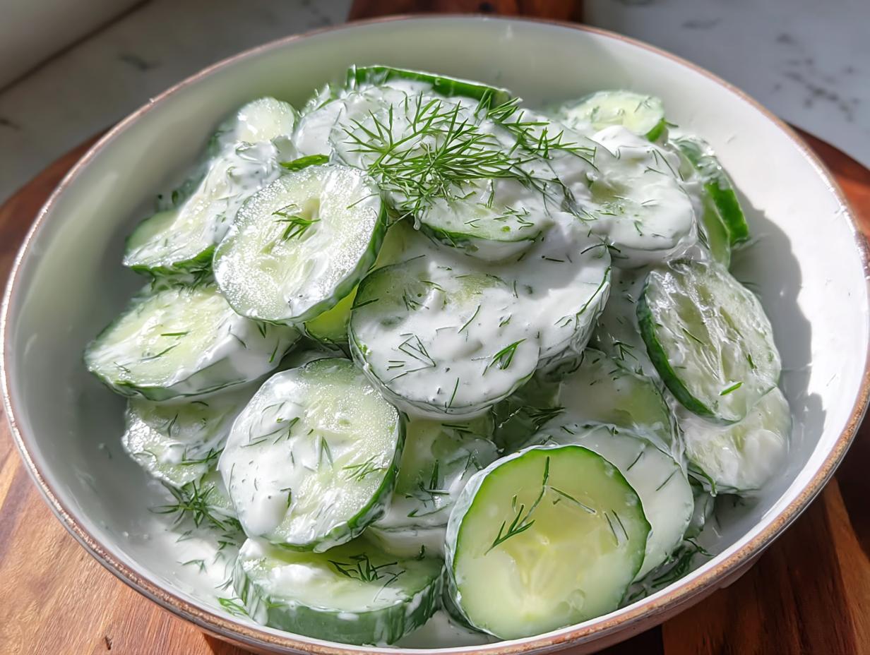 Nahaufnahme von Gurkensalat mit Dill & Sahne, bestehend aus geschnittenen Gurkenscheiben in einer cremigen, weißen Soße mit frischem Dill.