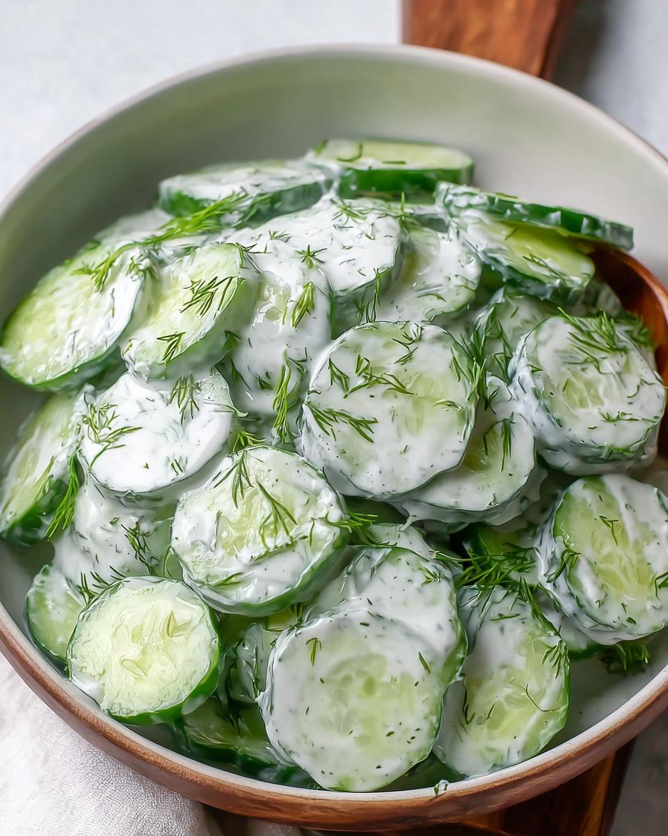Nahaufnahme von Gurkensalat mit Dill und Sahne, serviert in einer hellen Schüssel.