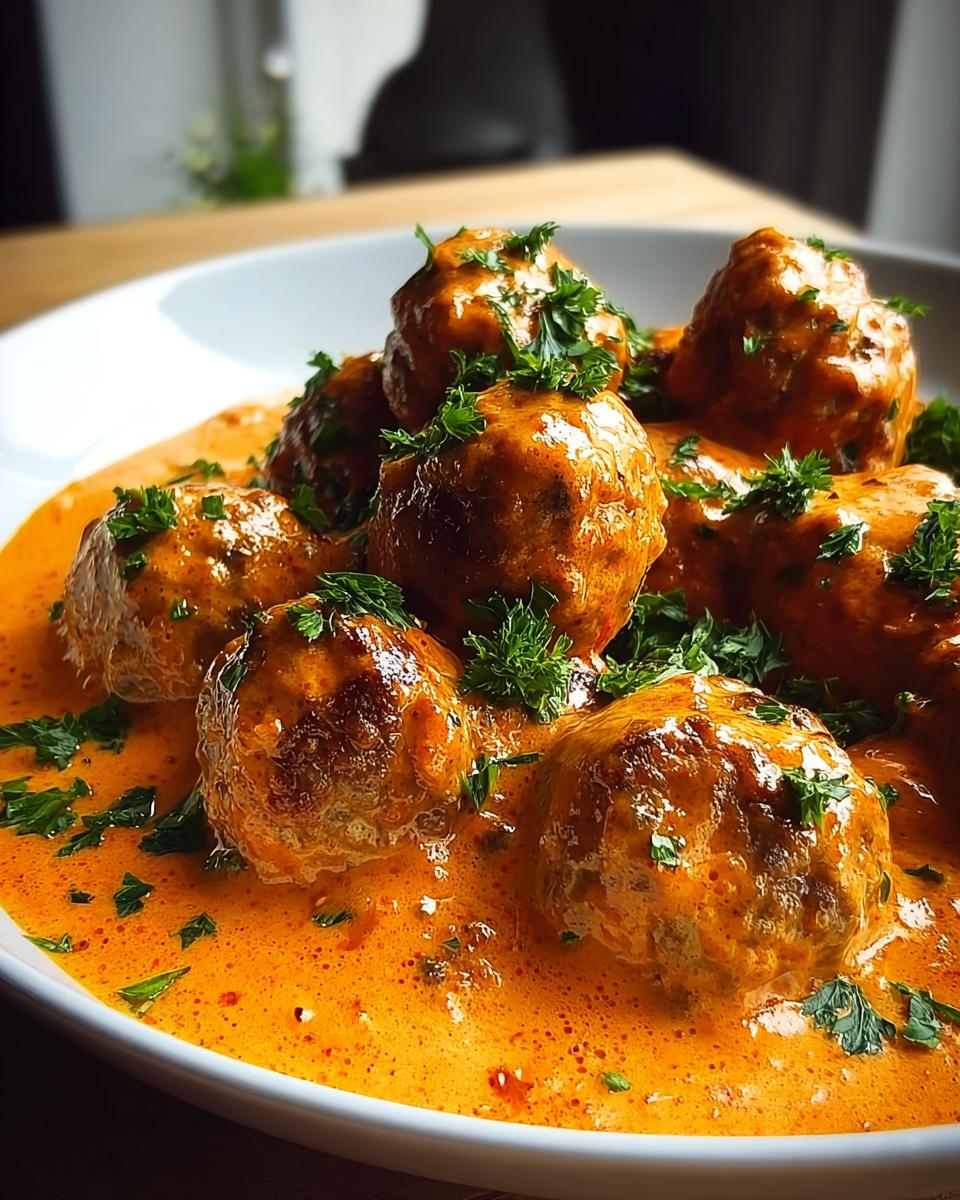 Nahaufnahme von saftigen Hackbällchen in cremiger, oranger Paprikasauce, garniert mit frischer Petersilie.